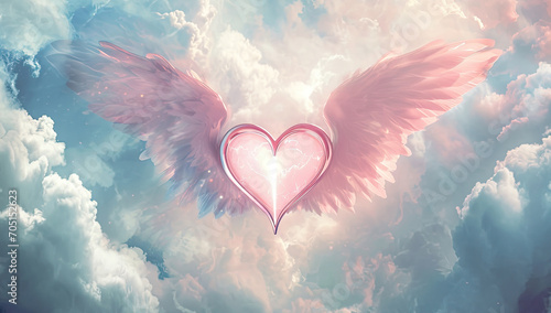 Generative AI, Pink magenta fantastic 3d clouds and heart with wings, sky and landscape. Gentle colors and with bright lights.	
 photo
