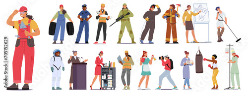 Female Character Professions, Strong Women Builder, Mechanic, Police Officer Or Architect. Soldier, Astronaut, Orator