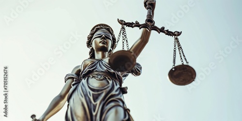 Low angle view of Lady Justice statue on white background, representing equal justice.
