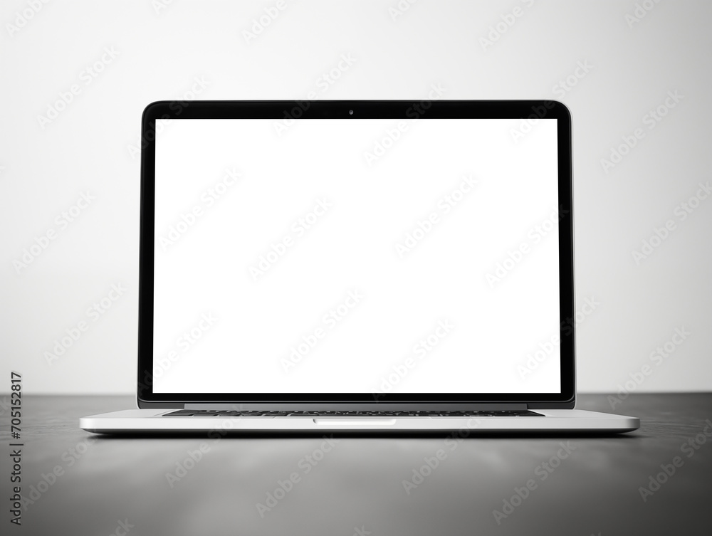 Laptop screen mockup, white isolated empty computer screen, open laptop standing on simple studio background Laptop screen mockup, white isolated empty computer screen, open laptop standing on simple studio background