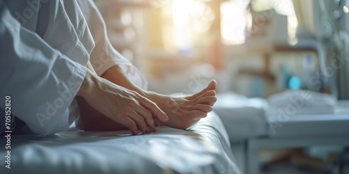 A white-garbed orthopaedist assessed a patient suffering from foot discomfort on a pristine bed against a blurred backdrop photo