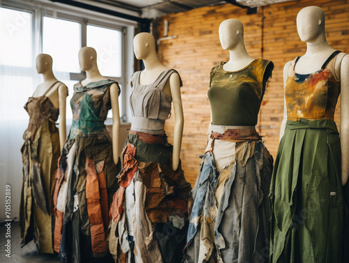 A vibrant display of eco-conscious fashion designs made from recycled materials at a sustainable fashion event. photo