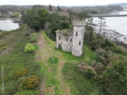 ruin of Fota tower Fota island county Cork Ireland aeriel drone image photo