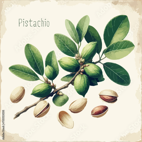 Watercolor pistachio vintage retro poster design. Vector pistachio illustration, fruits theme.