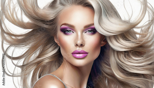 Beautiful female model with perfect makeup and amazing hairstyle photoshot session. AI Generative.