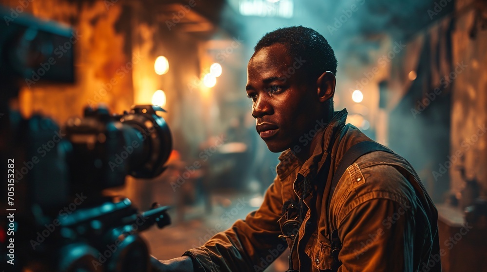 In the dim studio, a youthful African American cinematographer captures footage with a high-end camera. In the dim studio, a youthful African American cinematographer captures footage with a high-end camera.