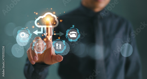 Businessman touch cloud computing diagram icon. Cloud computer network technology concept. Digital data storage. Network internet service. Online management system, database information for business