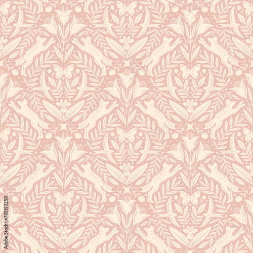 Hand drawn floral woodland seamless pattern, decorative animals, fox, bird, flowers seamless pattern