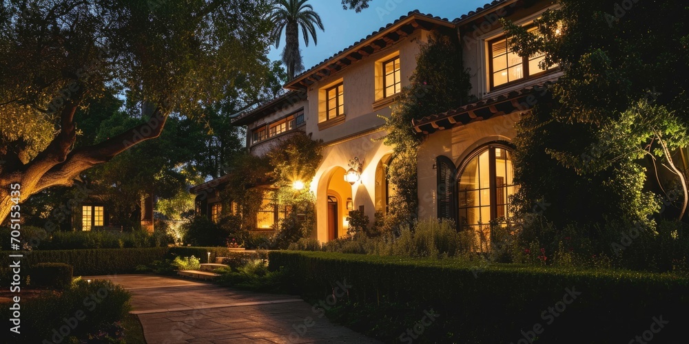 Evening Illumination: Residential Home and Spacious Front Yard with Lit Walkway