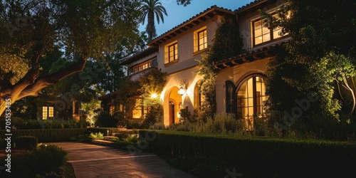 Evening Illumination: Residential Home and Spacious Front Yard with Lit Walkway