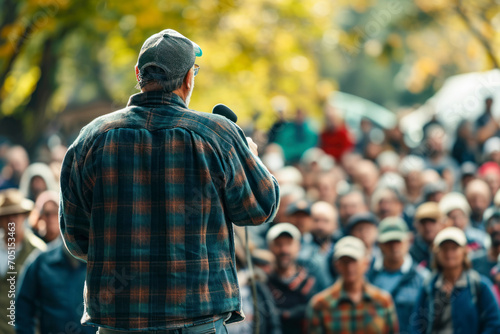 Farmer spokesperson addressing the crowd, a scene featuring a farmer spokesperson addressing a large crowd during a protest. photo