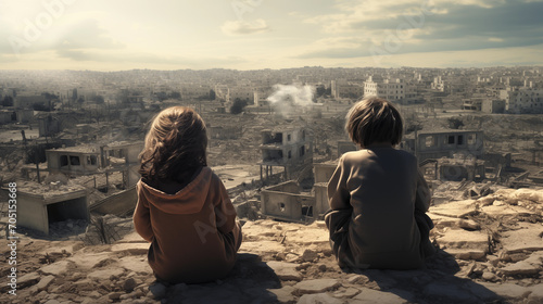 Victims of war, innocent children looking at a nuclear explosion in a city full of ruins emotional photo. Kids, fighting, combat. photo