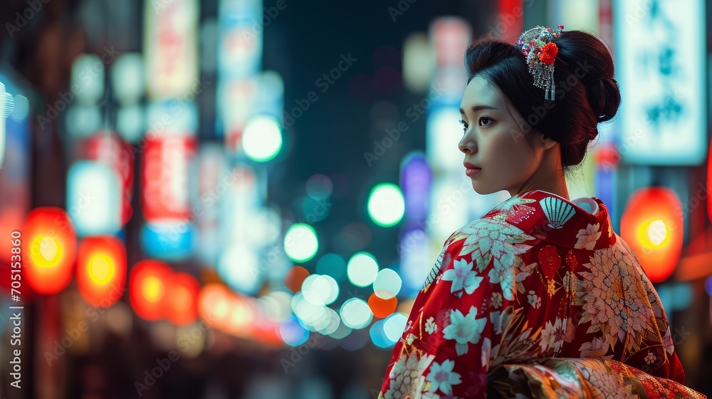 Asian woman wearing japanese traditional kimono at kyoto,night city in new year japan Asian woman wearing japanese traditional kimono at kyoto,night city in new year japan