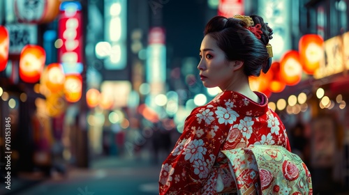 Asian woman wearing japanese traditional kimono at kyoto,night city in new year japan photo