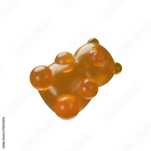 3D render orange gummy bear. Realistic gummyfied. Sweet Chewable supplements. Chewy delicious snack. Edible health candy. Vector illustration fruit dessert. menthol Gummy Form factor vitamins.