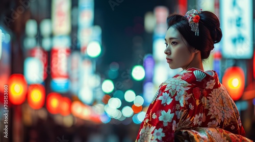 Asian woman wearing japanese traditional kimono at kyoto,night city in new year japan