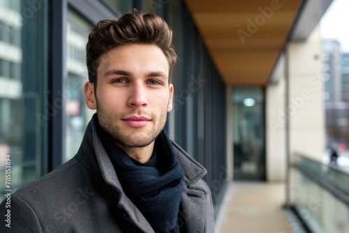 Portrait of a young, handsome man in a modern city setting, stylishly dressed and looking confidently into the camera