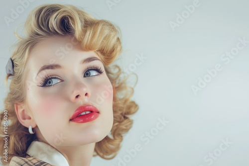 Retro style portrait of a blonde woman, 1950s fashion, white background