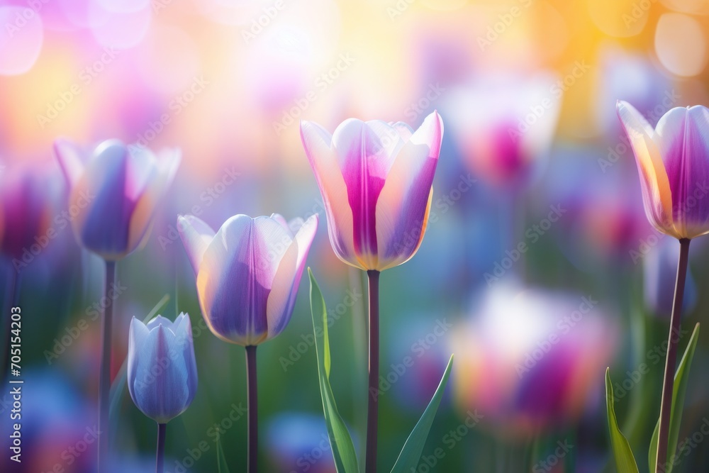 Vibrant Tulips Bathed in Golden Sunset Light, A Dreamy Springtime Bokeh, Horizontal Poster or Sign with Open Empty Copy Space for Text 
