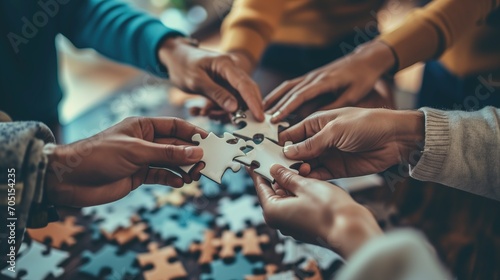 Team Collaboration Concept with Hands Connecting Puzzle Pieces photo
