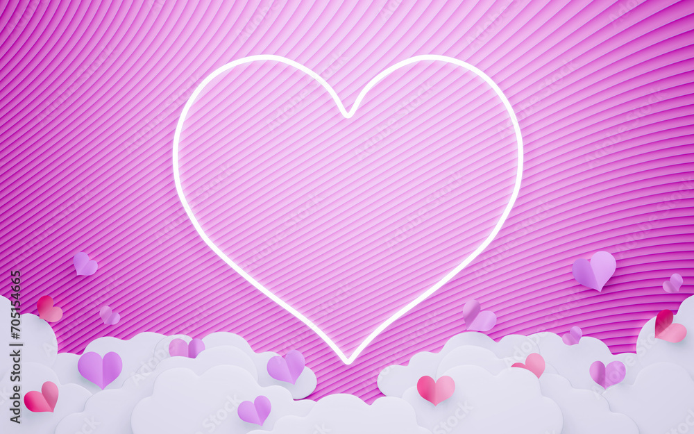 Happy Valentine's day blank pink background, beautiful paper cut clouds with 3d. Mock up product display presentation design. big heart shape glowing. 3d rendering