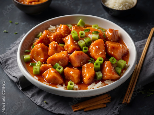 Asian Orange Chicken with Green Onions. The shot is against a black background