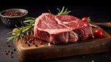 Raw fresh meat on wooden board on dark background, ribeye steak