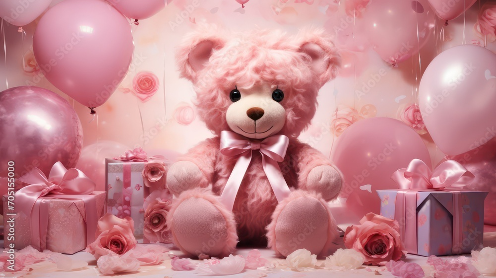 Cute teddy bear with pink balloons, gift boxes and roses Cute teddy bear with pink balloons, gift boxes and roses