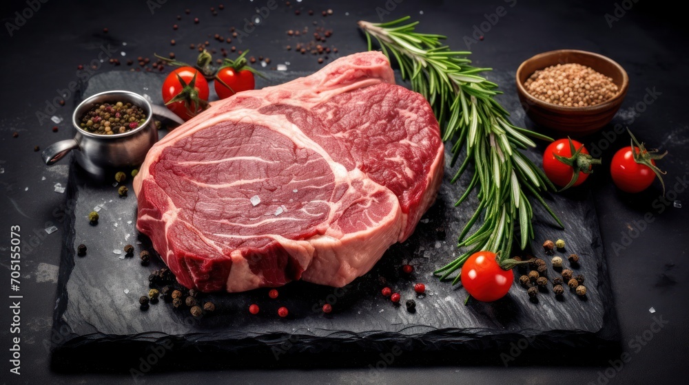 Raw fresh meat on wooden board on dark background, ribeye steak Raw fresh meat on wooden board on dark background, ribeye steak