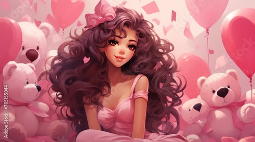 Portrait of a beautiful young woman with long curly hair. Girl with pink balloons