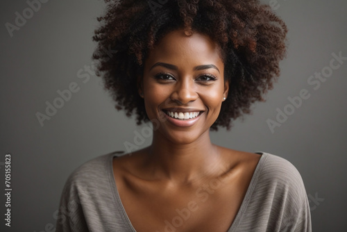 portrait of a woman smiling and grey background