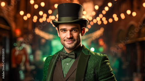 A young man with beard in a green hat, top hat and suit for St. Patrick's Day against backdrop of sparkling garlands
