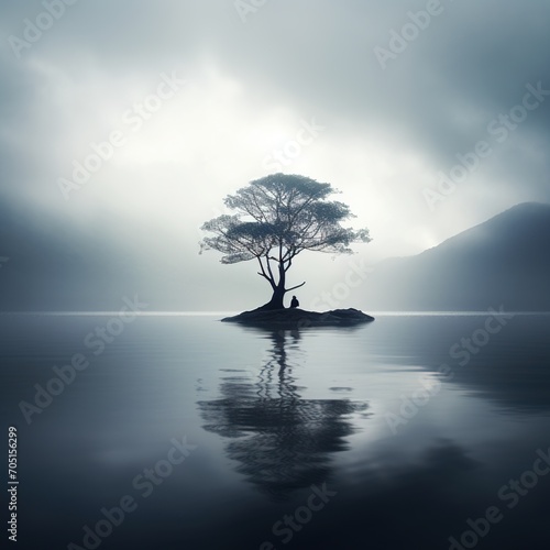 Solitary Figure Sits on Small Island in the Middle of a Misty Lake