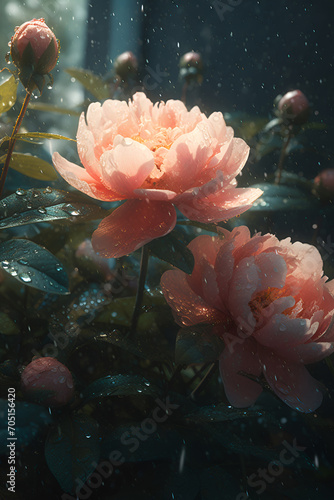 Fototapeta Naklejka Na Ścianę i Meble -  Tender pink spring flowers of peonies in raindrops in the garden