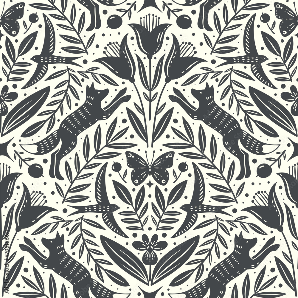 Fototapeta premium Hand drawn floral woodland seamless pattern, decorative animals, fox, bird, flowers seamless pattern