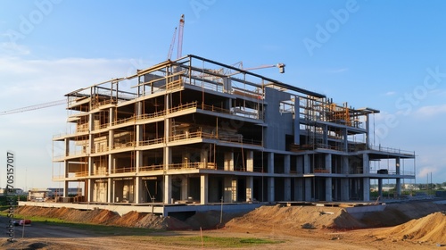 High-rise residential building under construction with tower cranes at sunset