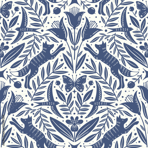 Hand drawn floral woodland seamless pattern, decorative animals, fox, bird, flowers seamless pattern