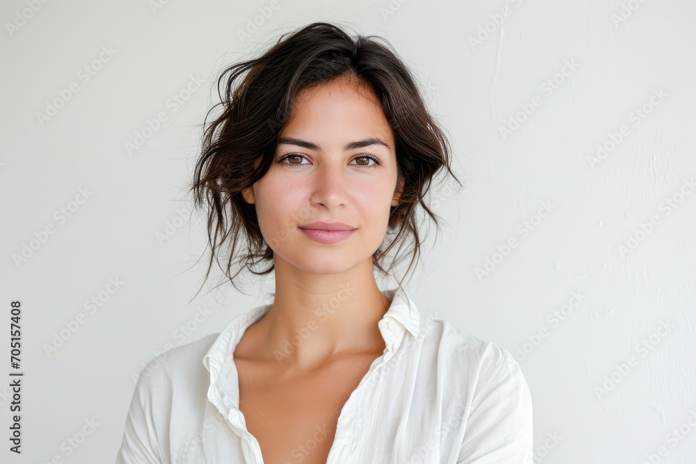 Sophisticated portrait of a woman with a refined look, white background Sophisticated portrait of a woman with a refined look, white background