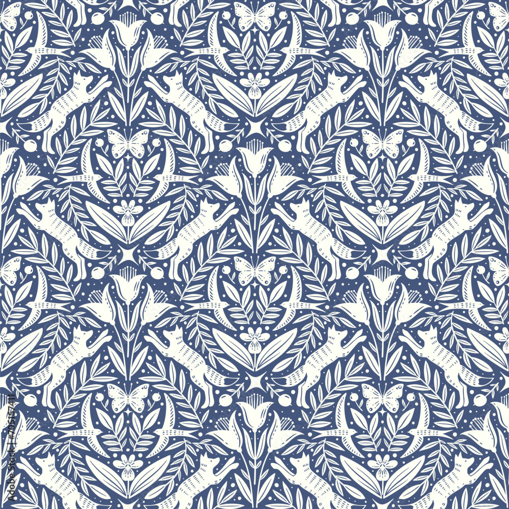 Hand drawn floral woodland seamless pattern, decorative animals, fox, bird, flowers seamless pattern