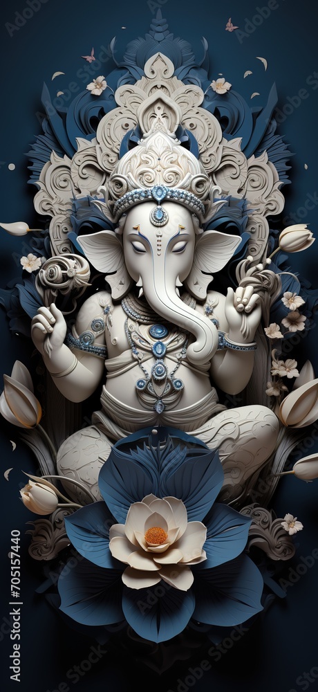 3D rendering of a Hindu god Ganesha sitting on a lotus flower