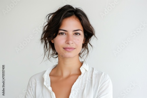 Sophisticated portrait of a woman with a refined look, white background