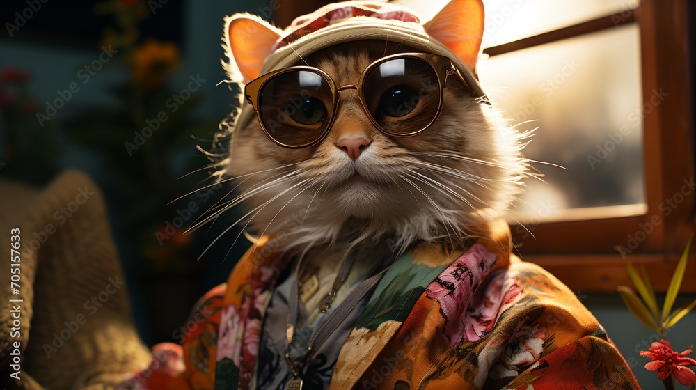 A cat wearing sunglasses and a hat