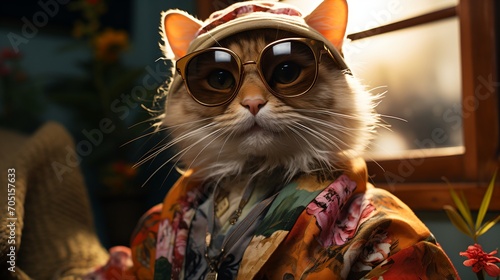 A cat wearing sunglasses and a hat