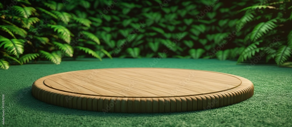 Wooden circular podium in a tropical forest with a pristine natural atmosphere, suitable for business product presentations