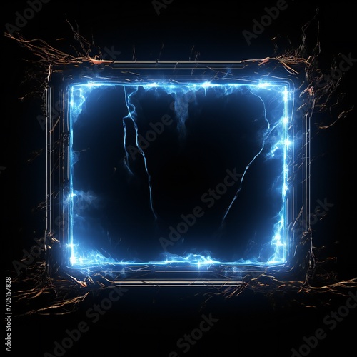 Glowing frame with lighning bolts coming out on black background Generative AI photo