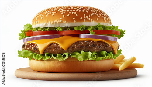 Delicious meat cheeseburger with french fries in the distance, isolated on a white background.