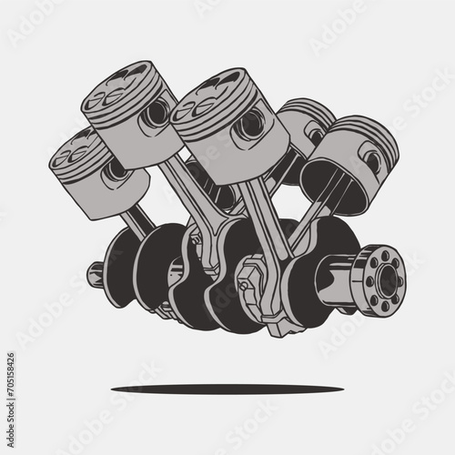 Drawing of 6-cylinder automobile car machine engine vector illustrations, piston car drawing
