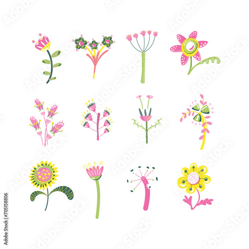 Bouquet maker - different flowers vector elements. Colored bouquet. Collection of various bright flowers isolated on a white background. For logo design, tattoo, postcard. Flat design. Vector