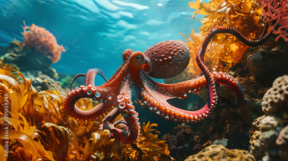The octopus is gracefully floating at the bottom of the ocean, framed by bright corals, like an ar The octopus is gracefully floating at the bottom of the ocean, framed by bright corals, like an ar