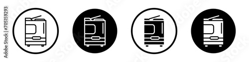 Office printer icon set. Multifunction Printing Machine vector symbol in a black filled and outlined style. Big photocopier and printer sign. photo